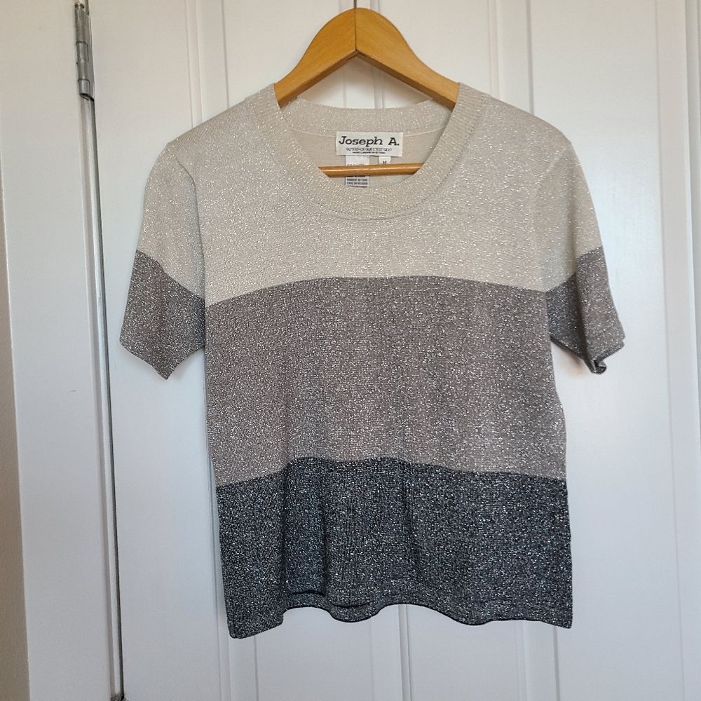 Vintage Joseph A. Stripped Sparkly Gray Silver Top Size Medium